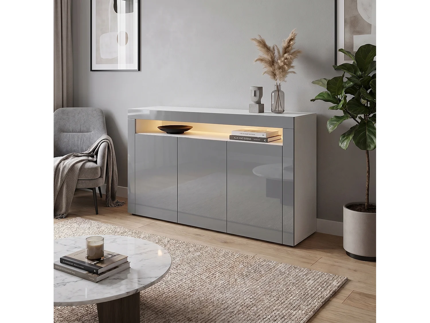 SIDEBOARD Valencia Grau Hochglanz / Grau Hochglanz