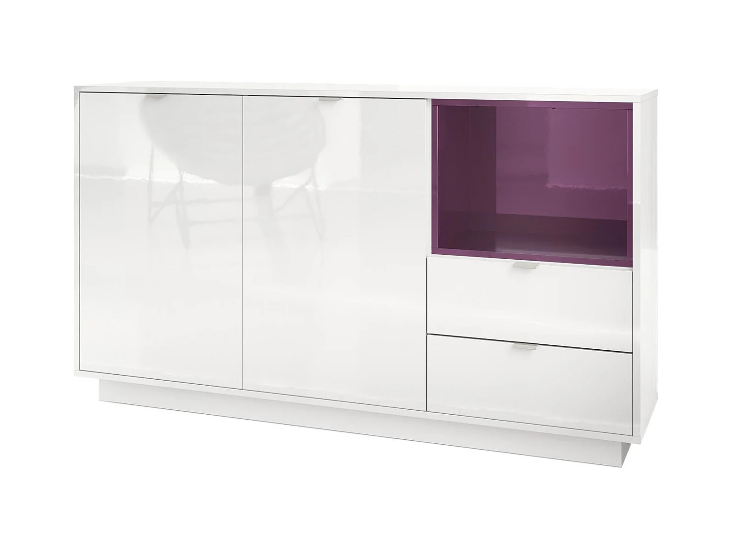 Buffet Armoire Metro, Corps en Blanc haute brillance / Façades en Blanc haute brillance avec une insertion en Mûre haute brillance