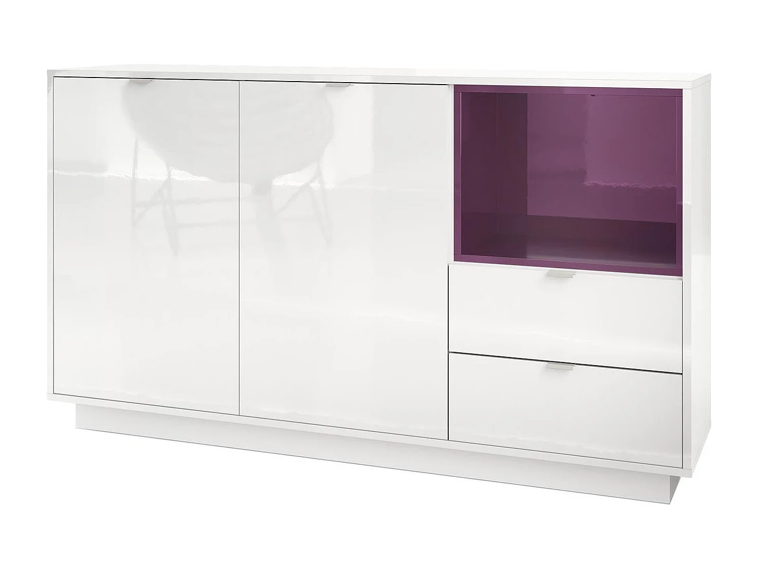 Buffet Armoire Metro, Corps en Blanc haute brillance / Façades en Blanc haute brillance avec une insertion en Mûre haute brillance