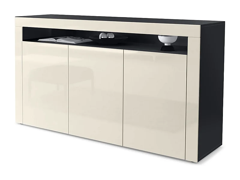 Buffet Valencia, Commode avec 3 portes et 1 compartiment ouvert, Noir mat/crème haute brillance/crème haute brillance (155 x 92 x 40 cm)
