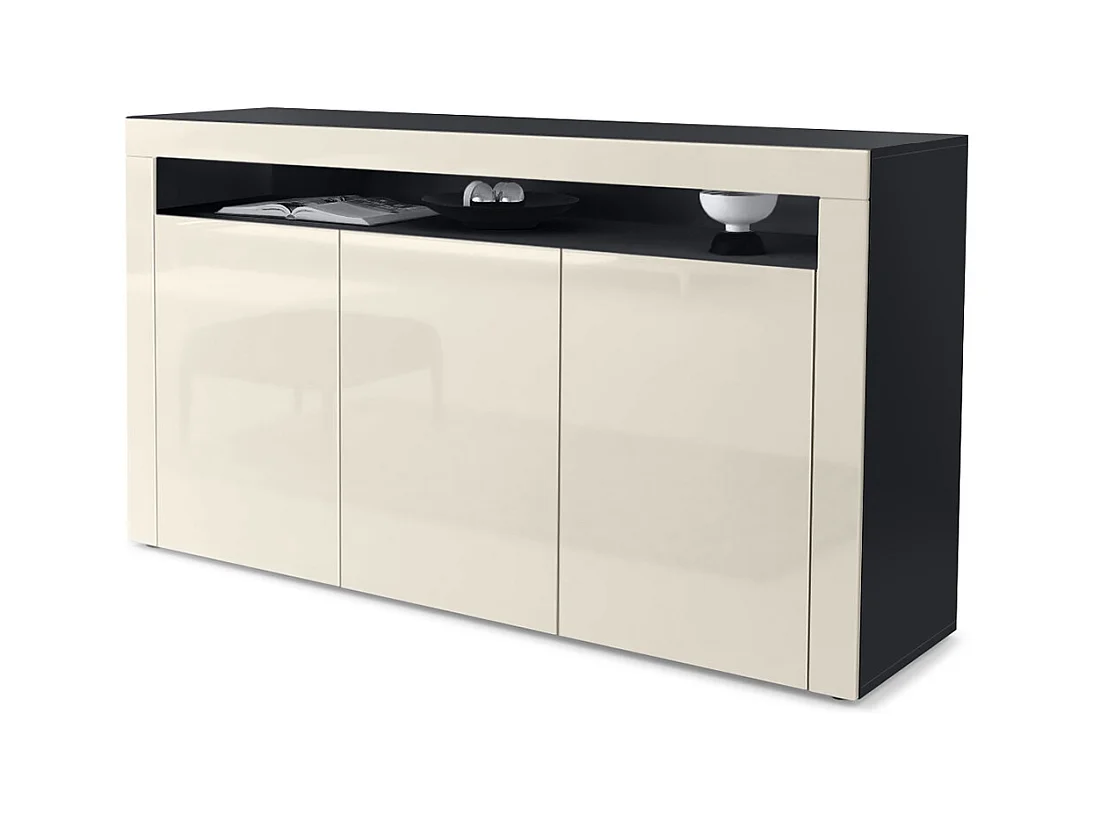 Buffet Valencia, Commode avec 3 portes et 1 compartiment ouvert, Noir mat/crème haute brillance/crème haute brillance (155 x 92 x 40 cm)