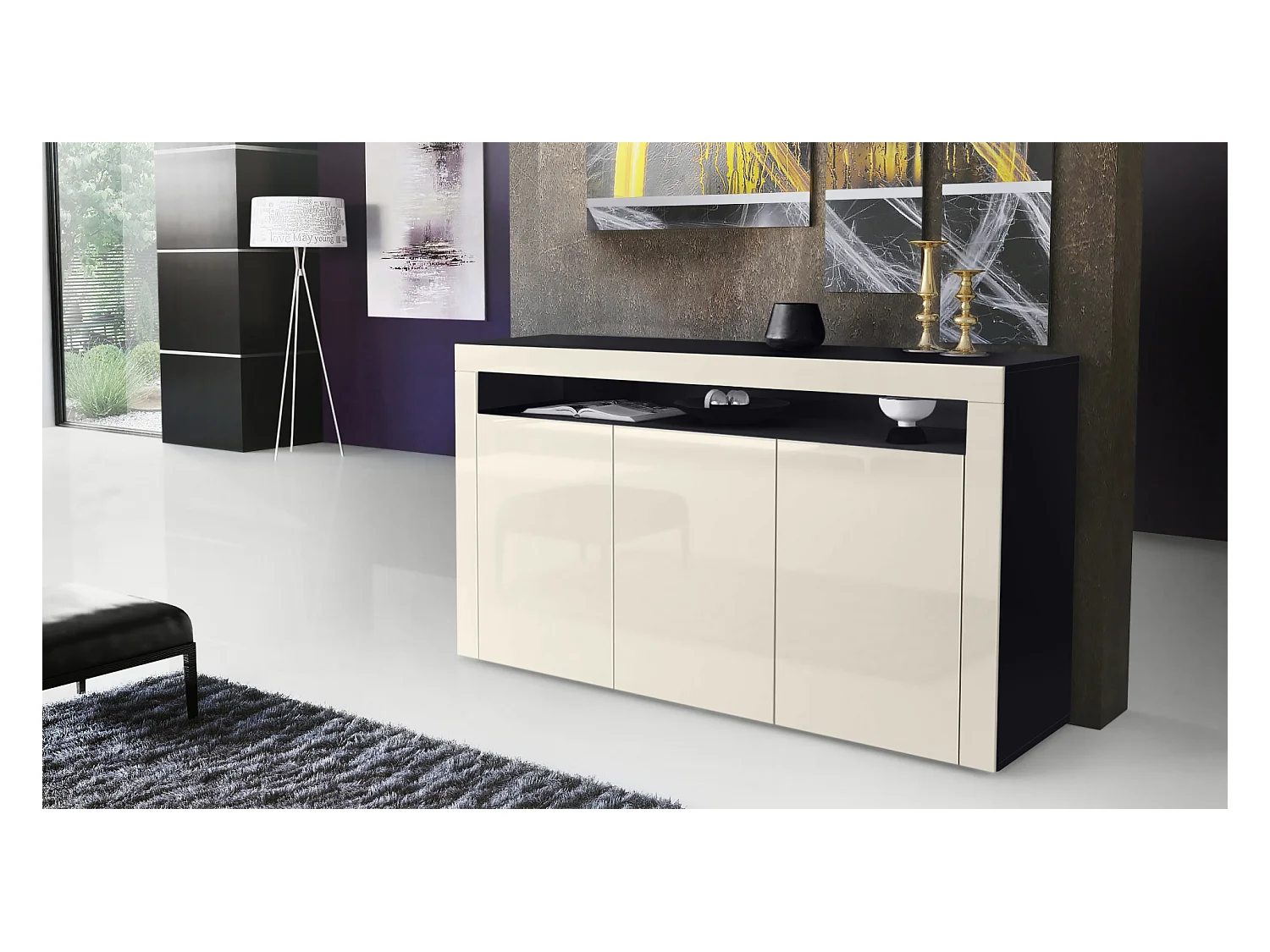 Buffet Valencia, Commode avec 3 portes et 1 compartiment ouvert, Noir mat/crème haute brillance/crème haute brillance (155 x 92 x 40 cm)