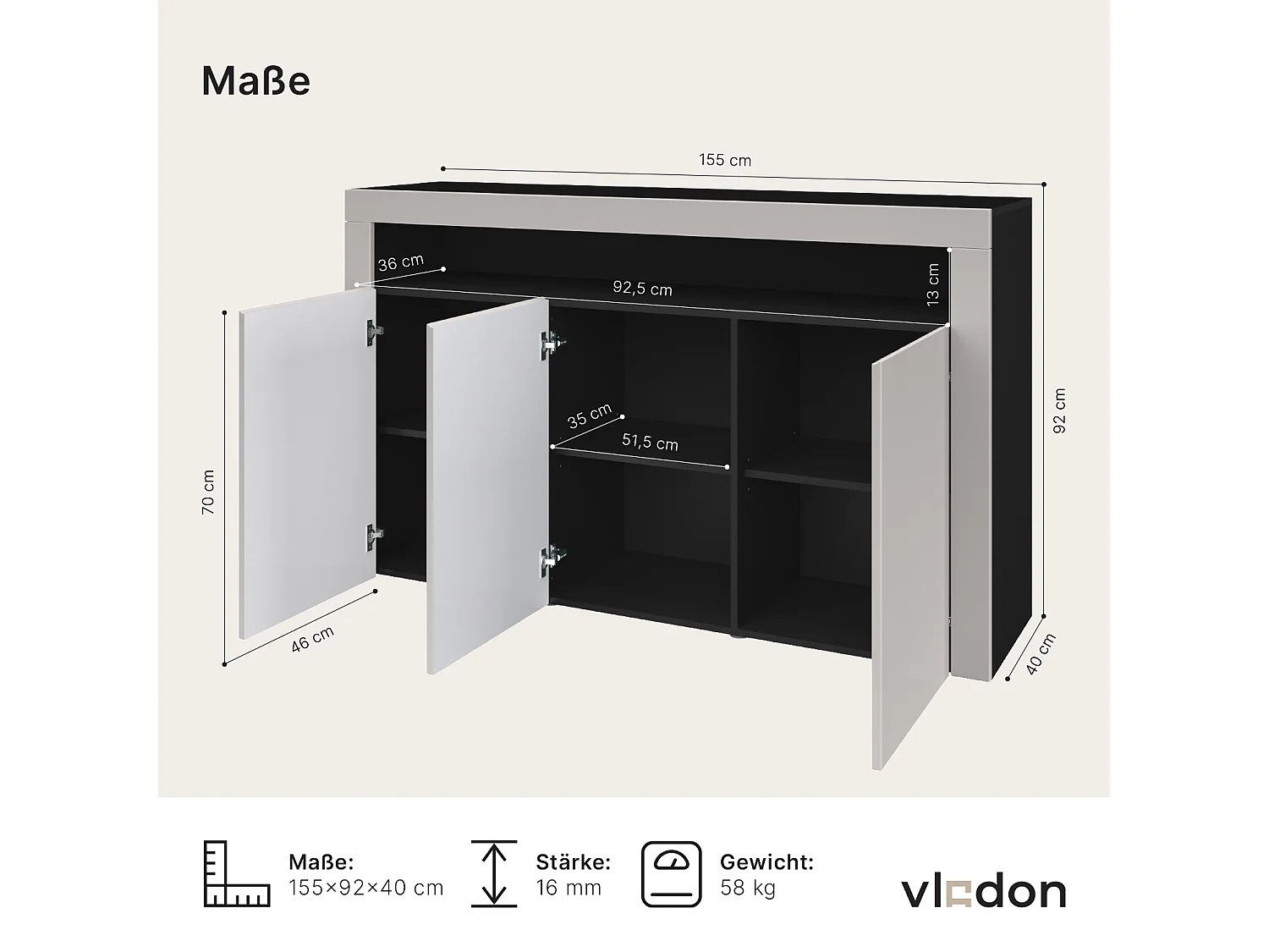 Madia  Valencia, mobile a 3 ante e 1 scomparto aperto, nero opaco/beige lucido/beige lucido (155 x 92 x 40 cm)