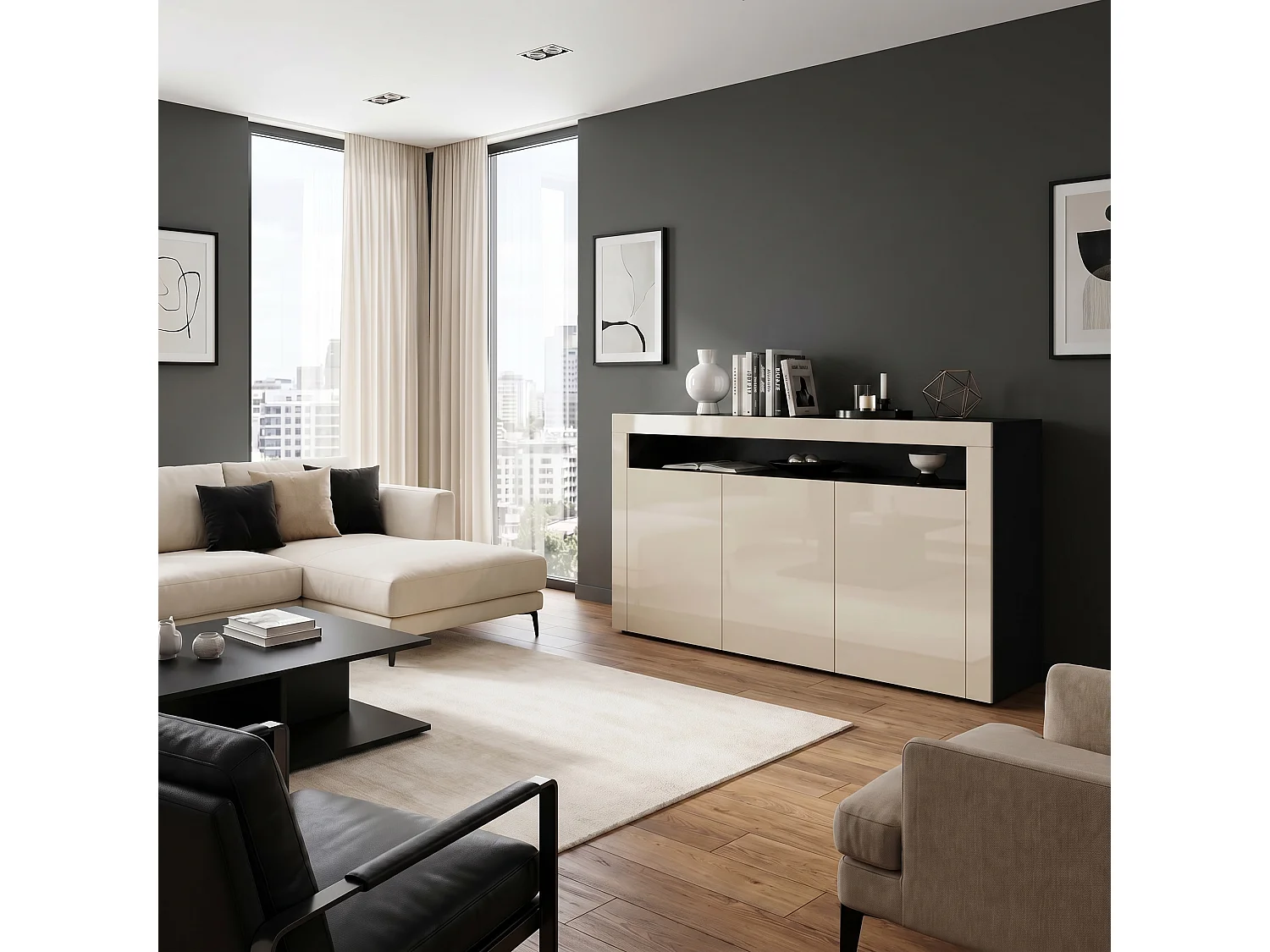 SIDEBOARD Valencia Creme Hochglanz / Creme Hochglanz