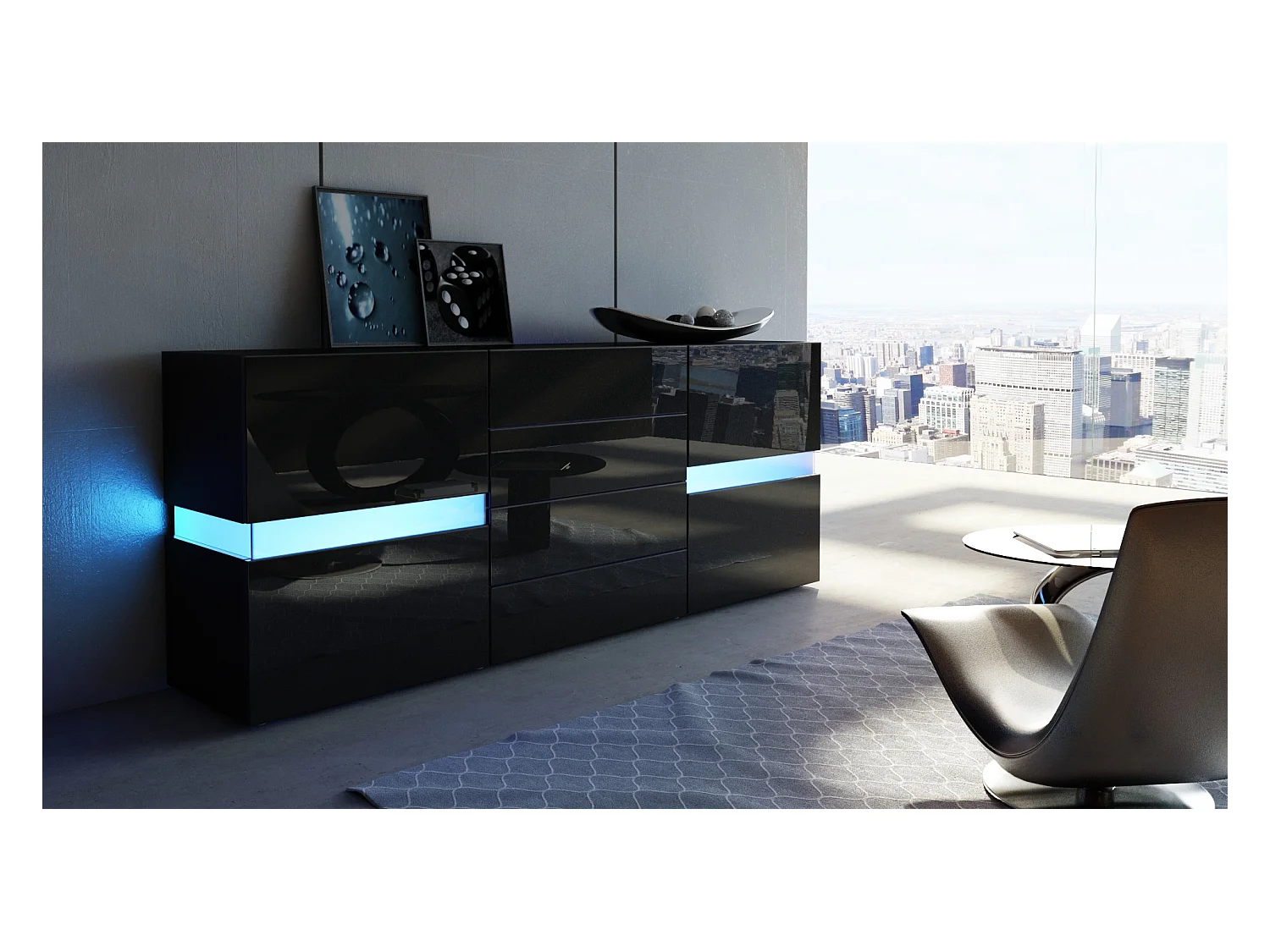 Sideboard Flow, noir haute brillance/noir haute brillance - Commode moderne avec vitrage Ambient Light pour votre espace de vie (177 x 75 x 39 cm)