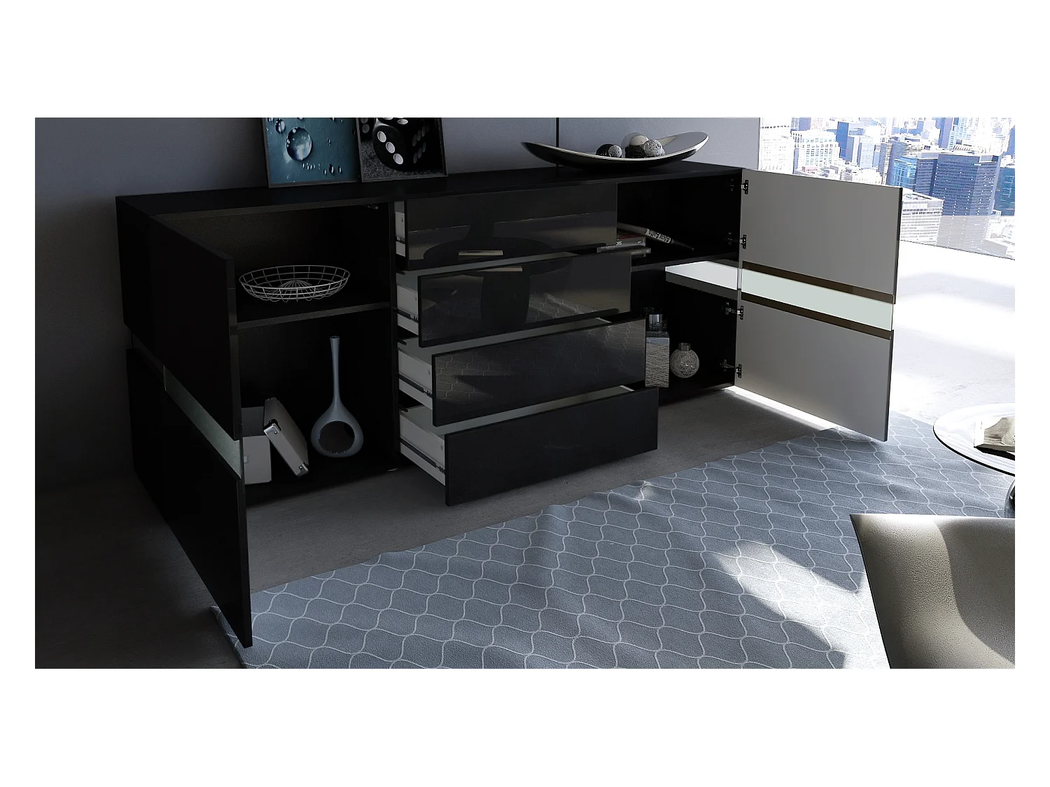 Sideboard Flow, noir haute brillance/noir haute brillance - Commode moderne avec vitrage Ambient Light pour votre espace de vie (177 x 75 x 39 cm)