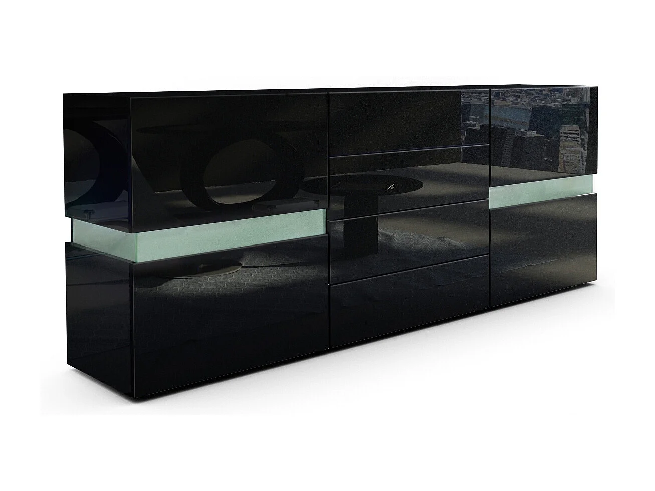 Sideboard Flow, noir haute brillance/noir haute brillance - Commode moderne avec vitrage Ambient Light pour votre espace de vie (177 x 75 x 39 cm)