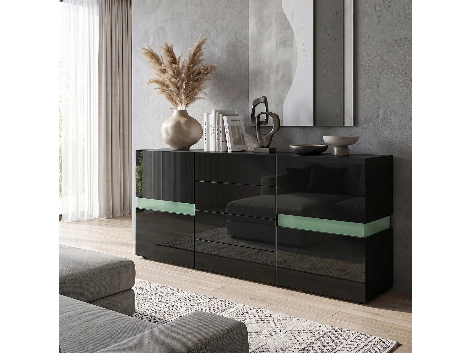 Sideboard Flow, noir haute brillance/noir haute brillance - Commode moderne avec vitrage Ambient Light pour votre espace de vie (177 x 75 x 39 cm)