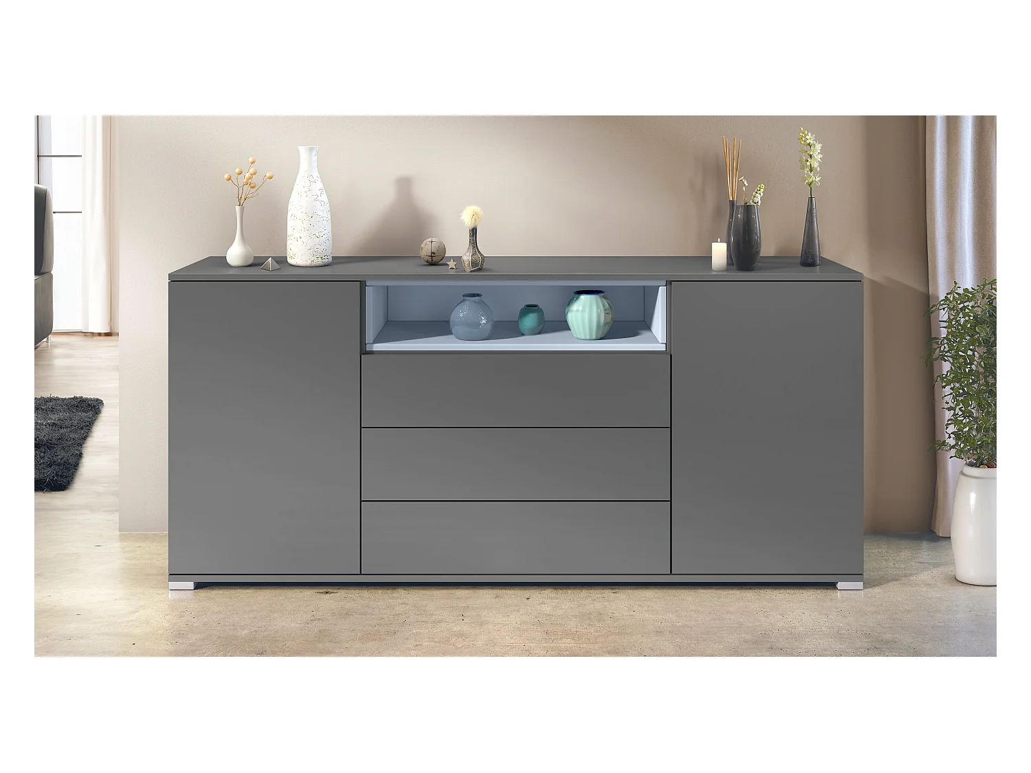 Skadu V4 Buffet, Commode avec 2 portes, 3 tiroirs et 1 compartiment ouvert, anthracite mat/denim mat (166,5 x 75,5 x 35 cm)