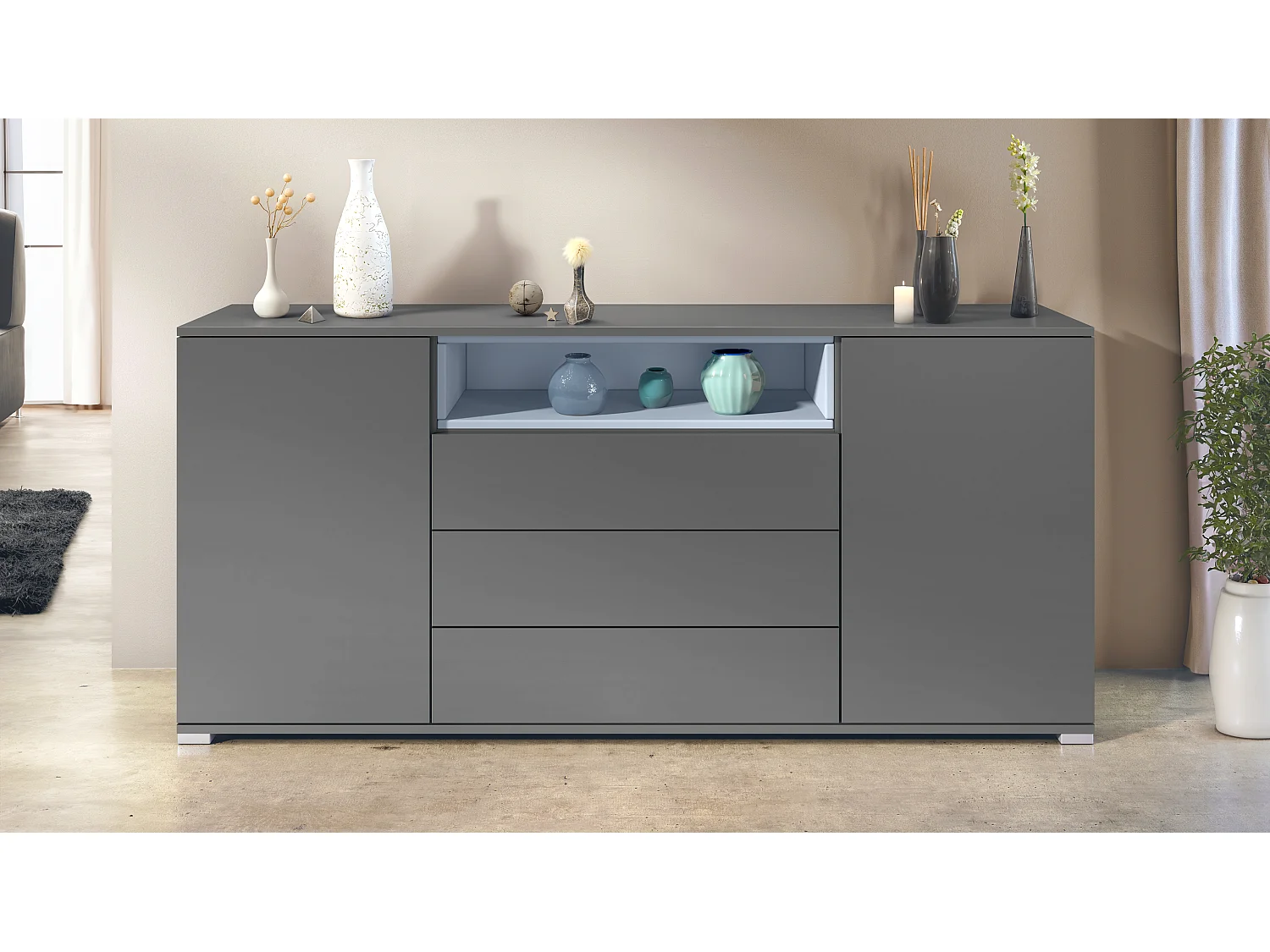 Skadu V4 Buffet, Commode avec 2 portes, 3 tiroirs et 1 compartiment ouvert, anthracite mat/denim mat (166,5 x 75,5 x 35 cm)