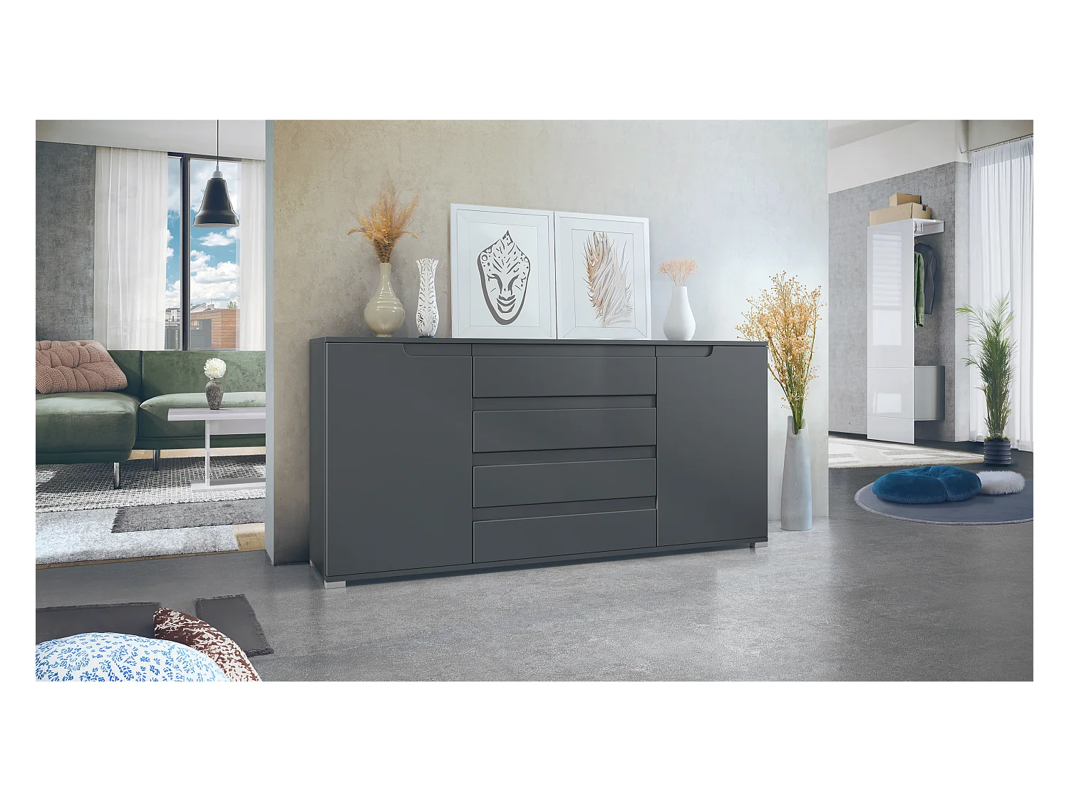 Buffet Sylt V2, Commode avec 2 Portes et 4 Tiroirs, Corps - anthracite mat / Façade - anthracite mat / Détails - anthracite mat (166,5 x 75,5 x 35 cm)
