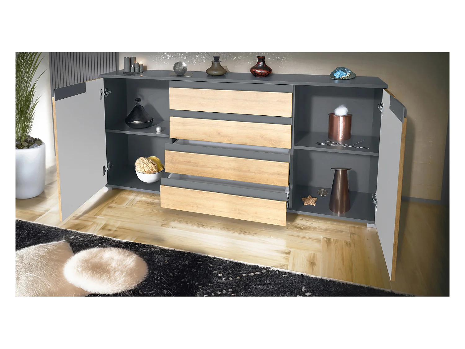 Buffet Sylt V2, Commode avec 2 Portes et 4 Tiroirs, Corps - anthracite mat / Façade - anthracite mat / Détails - anthracite mat (166,5 x 75,5 x 35 cm)