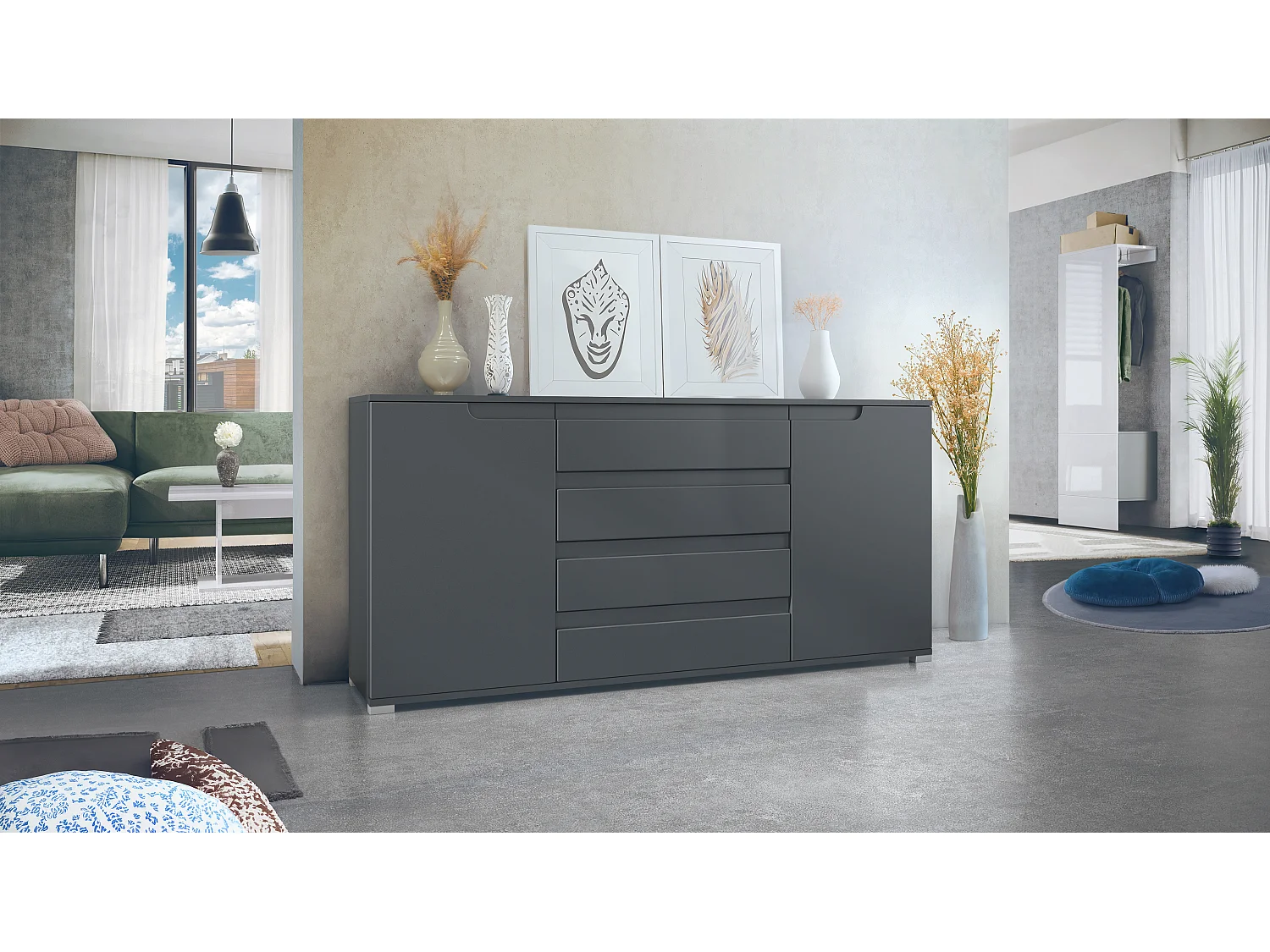Credenza Sylt V2, Comò con 2 Ante e 4 Cassetti, Struttura - antracite opaco  / Frontale - antracite opaco  / Dettagli - antracite opaco  (166,5 x 75,5 x 35 cm)