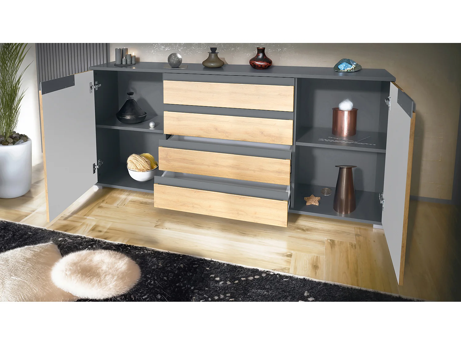 Credenza Sylt V2, Comò con 2 Ante e 4 Cassetti, Struttura - antracite opaco  / Frontale - antracite opaco  / Dettagli - antracite opaco  (166,5 x 75,5 x 35 cm)