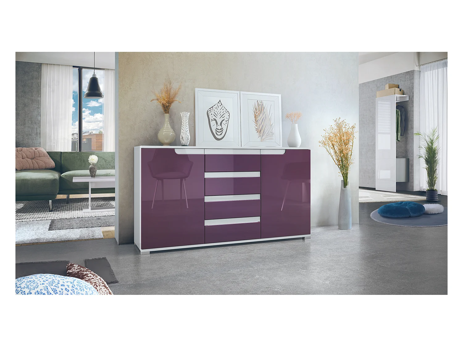 Buffet Dressoir Sylt, Corps en Noir mat / Façades en mûre haute brillance avec un decor en blanc haute brillance (139 x 72 x 35)