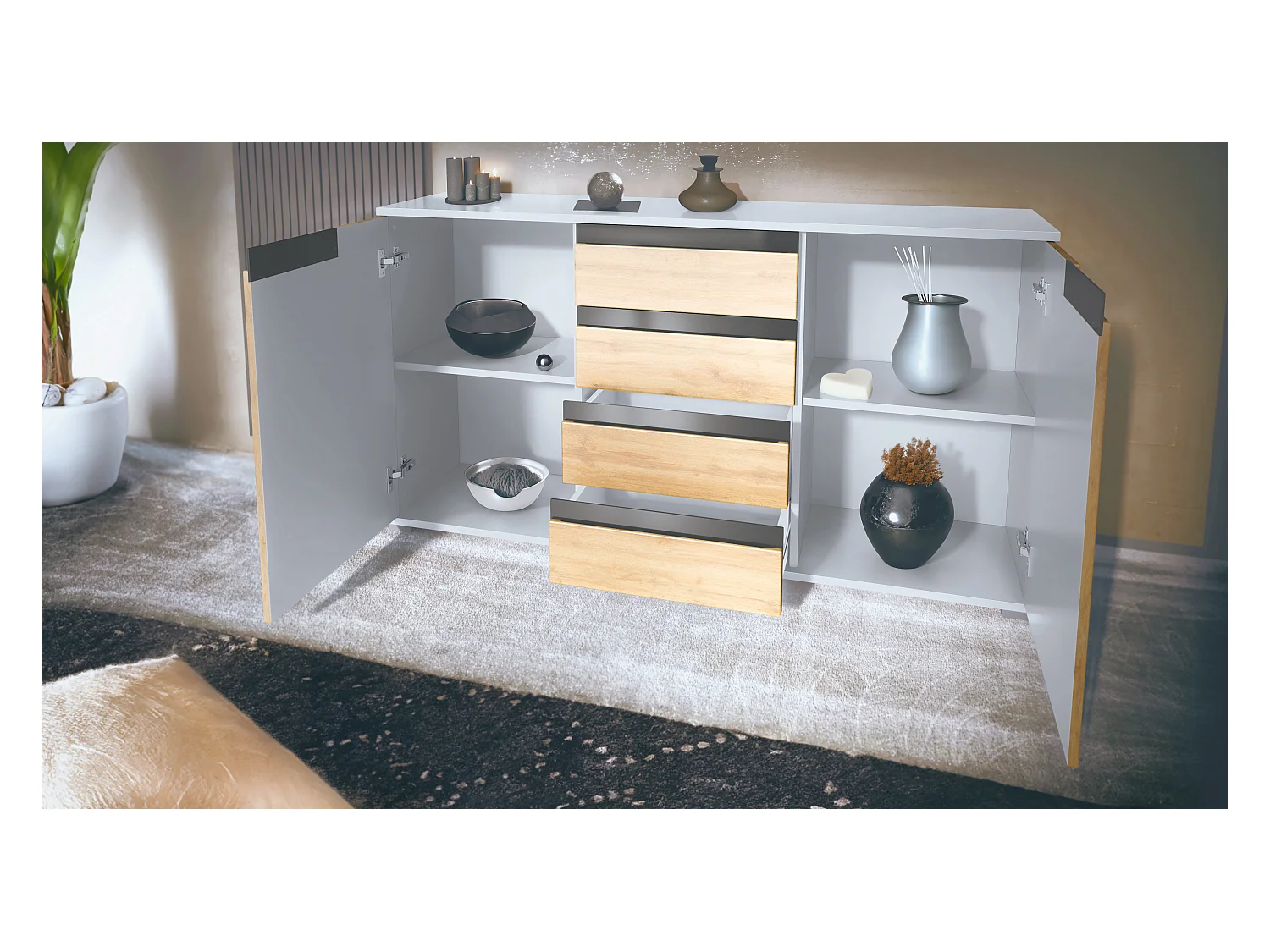 Buffet Dressoir Sylt, Corps en Noir mat / Façades en mûre haute brillance avec un decor en blanc haute brillance (139 x 72 x 35)