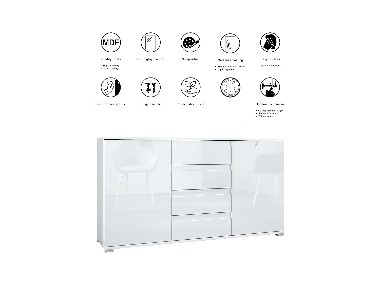 Buffet Dressoir Sylt, Corps en Noir mat / Façades en mûre haute brillance avec un decor en blanc haute brillance (139 x 72 x 35)