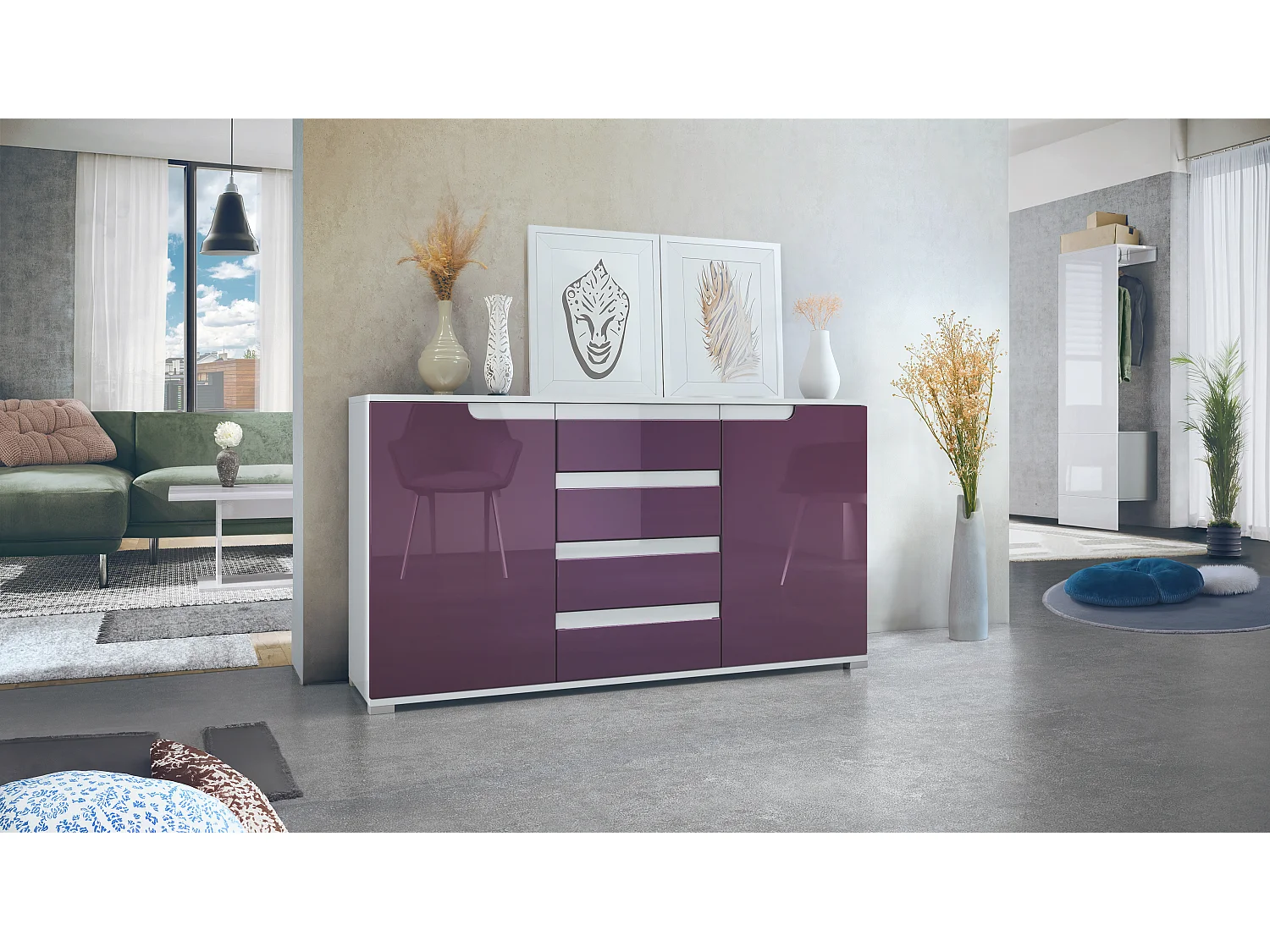 Buffet Dressoir Sylt, Corps en Noir mat / Façades en mûre haute brillance avec un decor en blanc haute brillance (139 x 72 x 35)