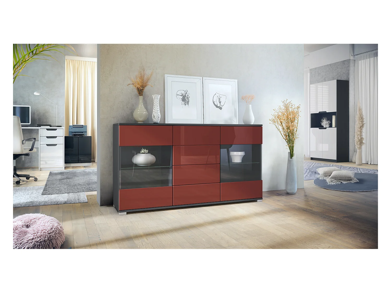 Buffet Bari V1 – Meuble avec 2 Grandes Portes et 4 Tiroirs, anthracite mat/bordeaux haute brillance (138,5 x 75,5 x 35)
