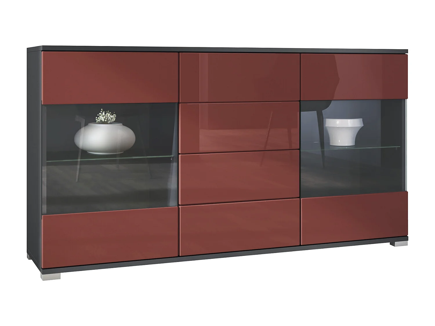 Buffet Bari V1 – Meuble avec 2 Grandes Portes et 4 Tiroirs, anthracite mat/bordeaux haute brillance (138,5 x 75,5 x 35)