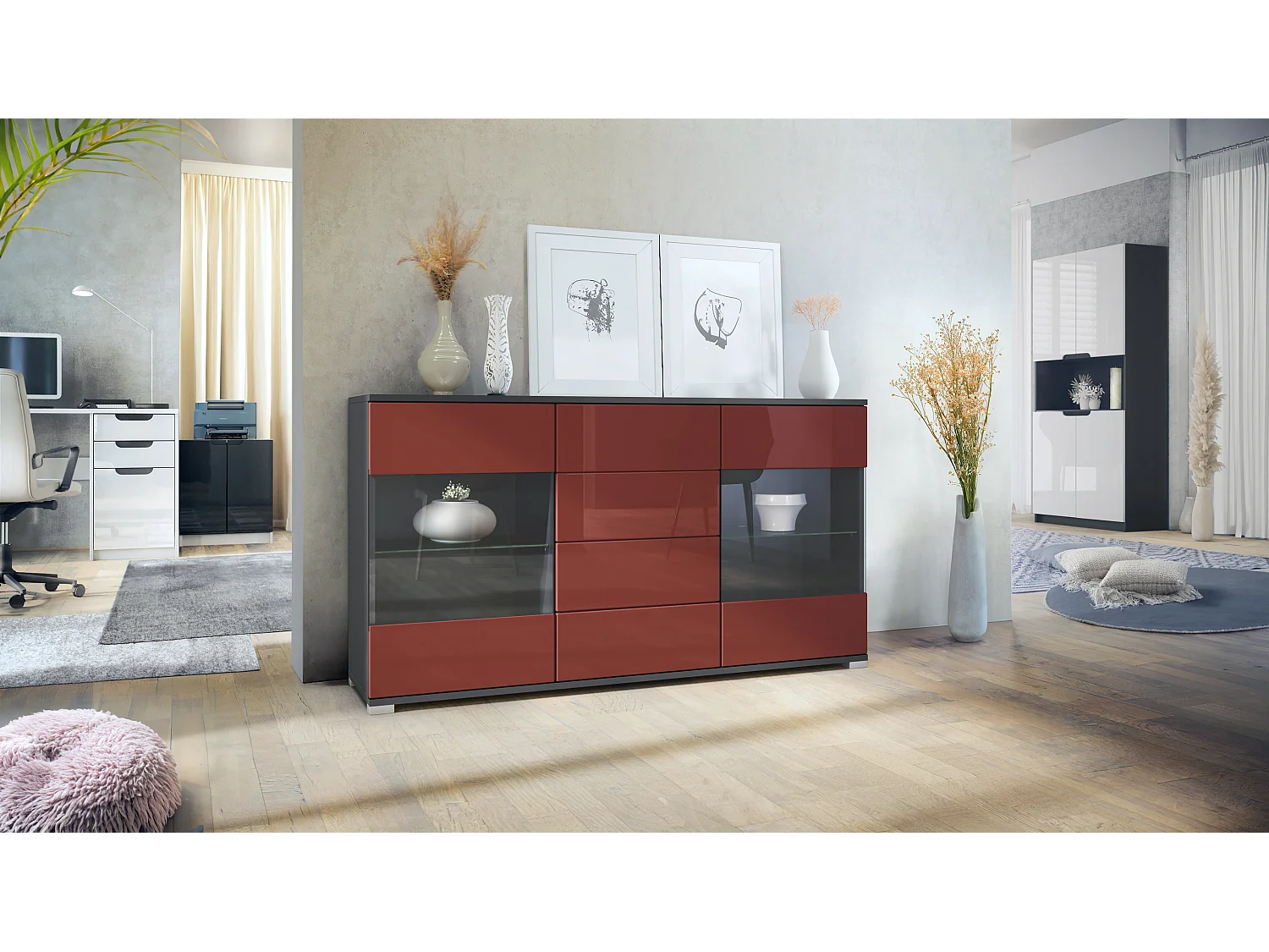 Buffet Bari V1 – Meuble avec 2 Grandes Portes et 4 Tiroirs, anthracite mat/bordeaux haute brillance (138,5 x 75,5 x 35)