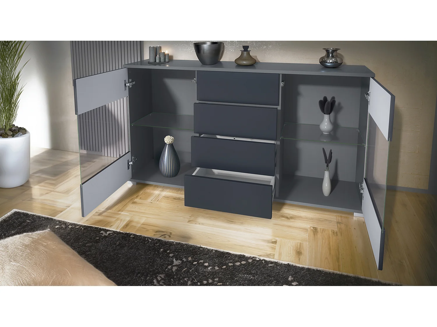 Buffet Bari V1 – Meuble avec 2 Grandes Portes et 4 Tiroirs, anthracite mat/bordeaux haute brillance (138,5 x 75,5 x 35)