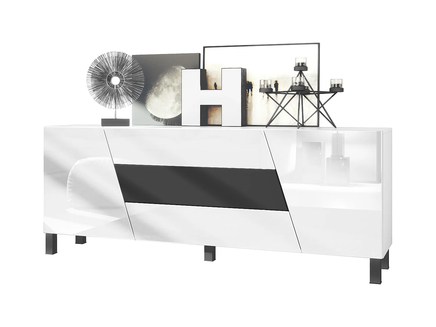 Sideboard Houston, commode suspendue avec 2 portes et 3 tiroirs, corps blanc mat, façades blanc brillant, tiroir central noir mat (178 x 57,5 x 38,5 cm)