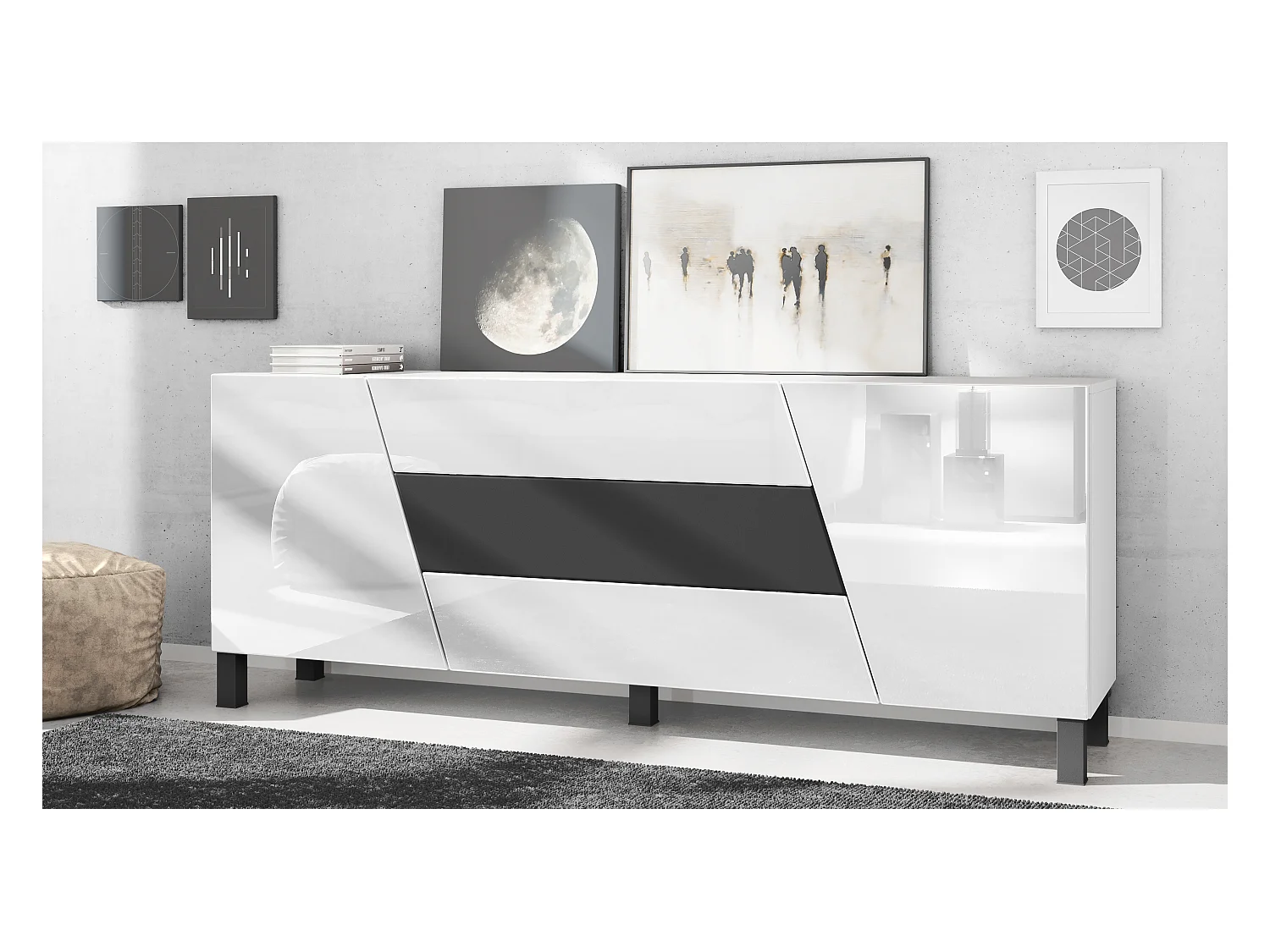 Sideboard Houston, commode suspendue avec 2 portes et 3 tiroirs, corps blanc mat, façades blanc brillant, tiroir central noir mat (178 x 57,5 x 38,5 cm)