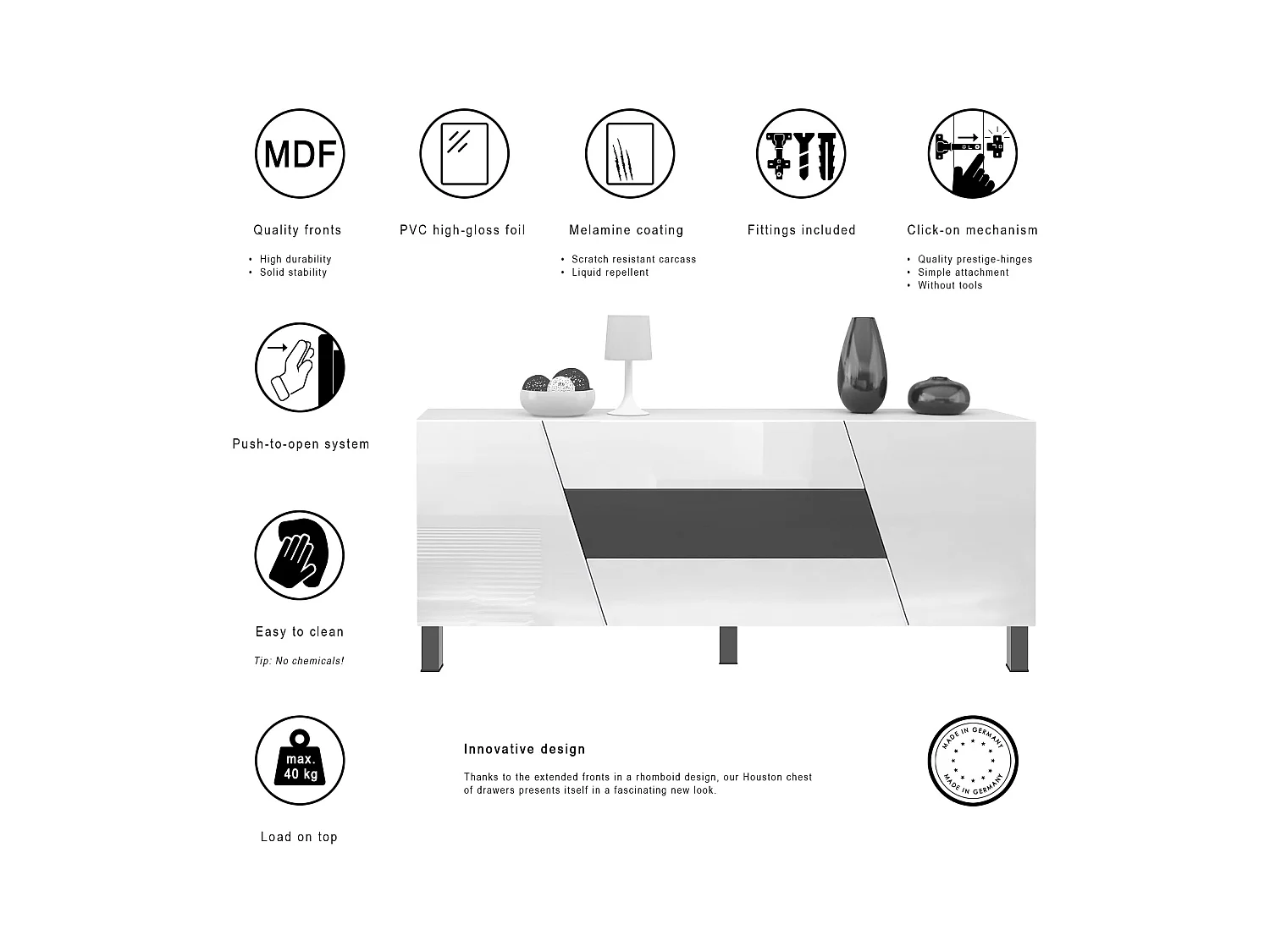 Sideboard Houston, commode suspendue avec 2 portes et 3 tiroirs, corps blanc mat, façades blanc brillant, tiroir central noir mat (178 x 57,5 x 38,5 cm)