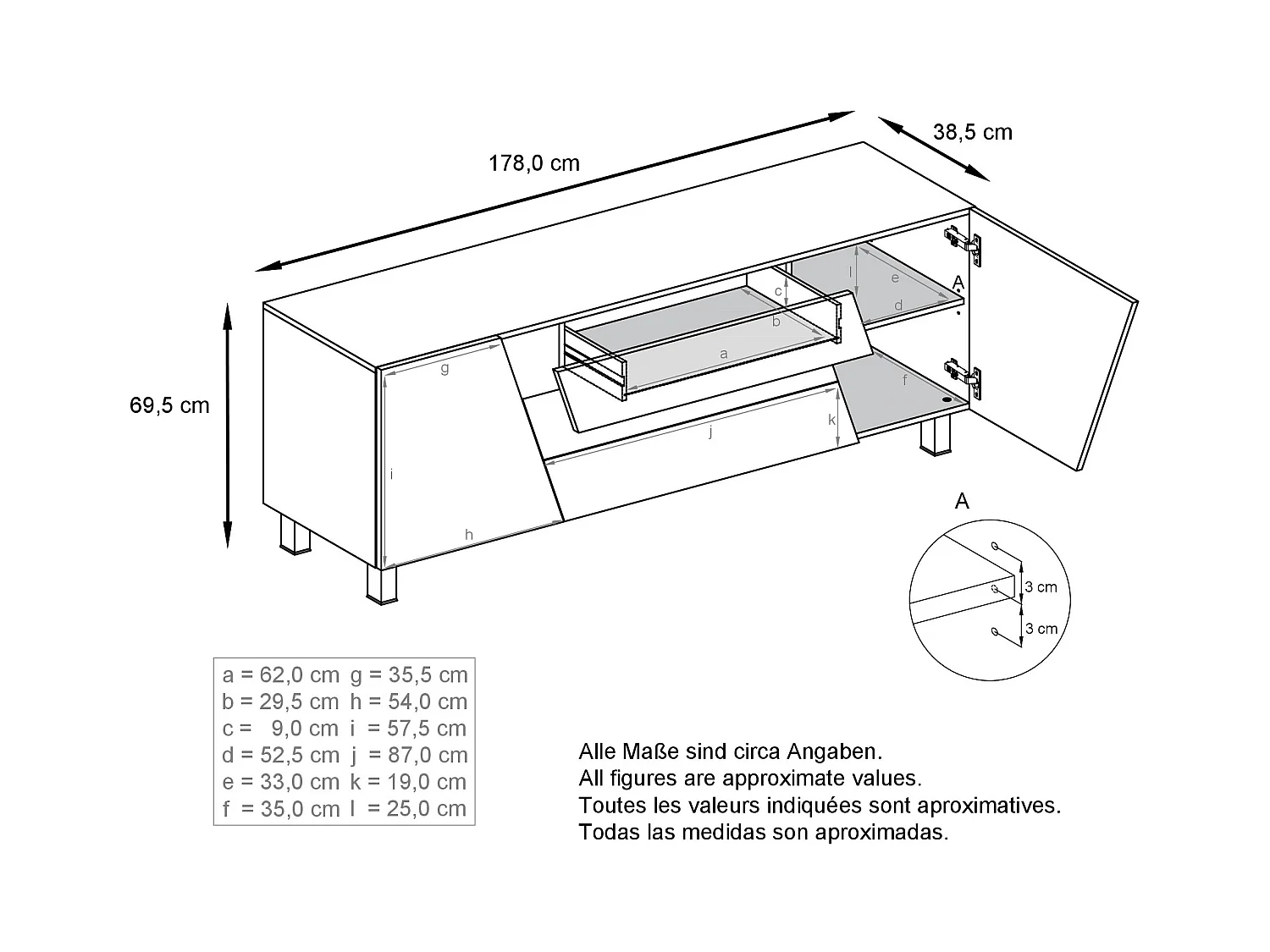 Sideboard Houston, commode suspendue avec 2 portes et 3 tiroirs, corps blanc mat, façades blanc brillant, tiroir central noir mat (178 x 57,5 x 38,5 cm)
