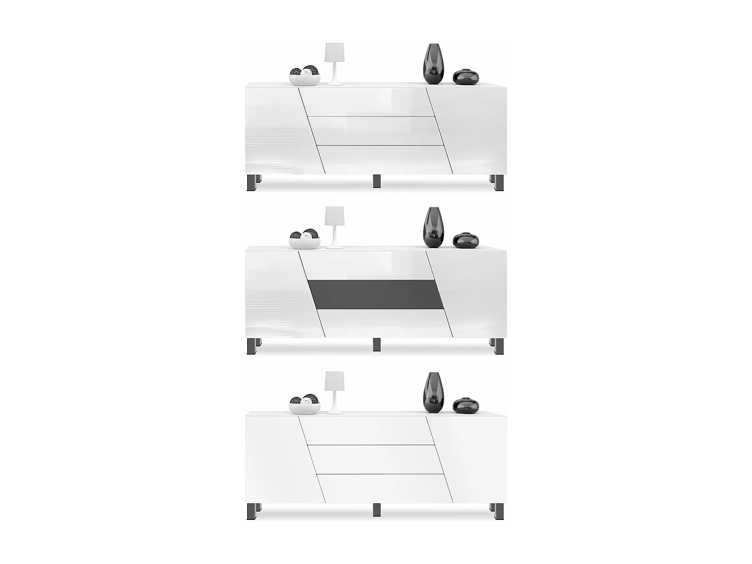 Sideboard Houston, commode suspendue avec 2 portes et 3 tiroirs, corps blanc mat, façades blanc brillant, tiroir central noir mat (178 x 57,5 x 38,5 cm)