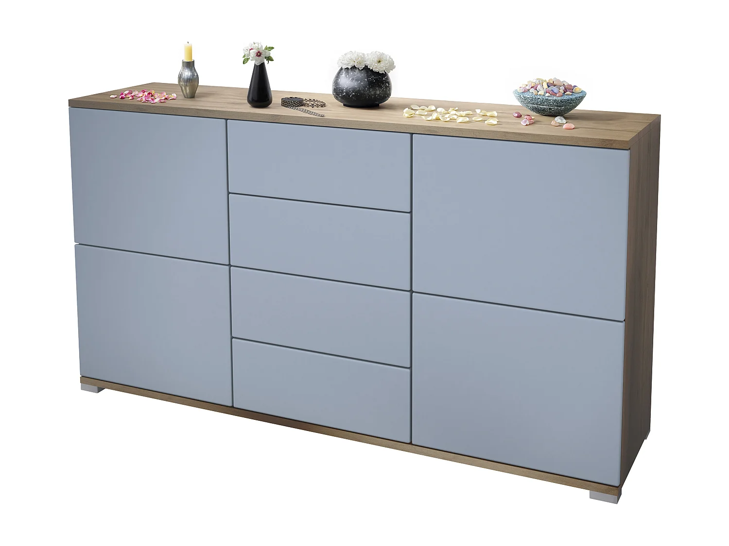 Buffet Rova V1 – Meuble avec 4 Portes et 4 Tiroirs, Chêne Evoke/denim mat (138,5 x 75,5 x 35)