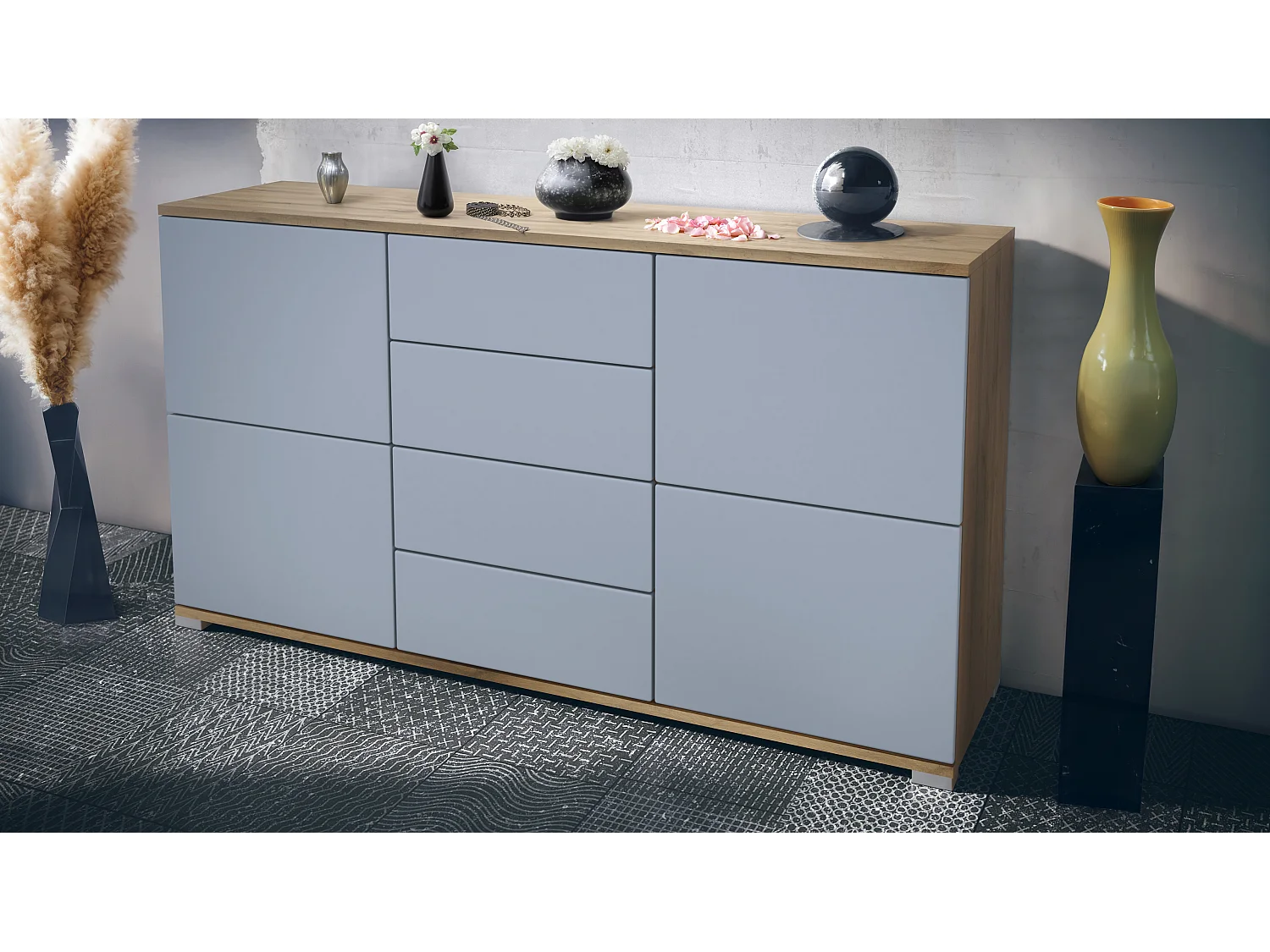 Buffet Rova V1 – Meuble avec 4 Portes et 4 Tiroirs, Chêne Evoke/denim mat (138,5 x 75,5 x 35)