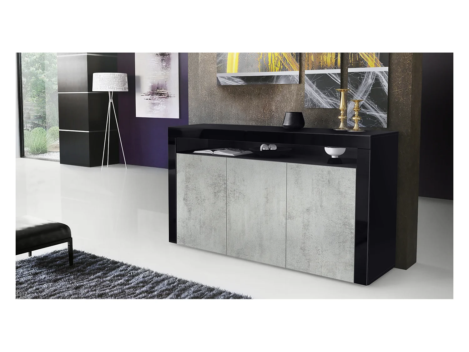 SIDEBOARD Valencia Beton Oxid Optik/ Schwarz Hochglanz