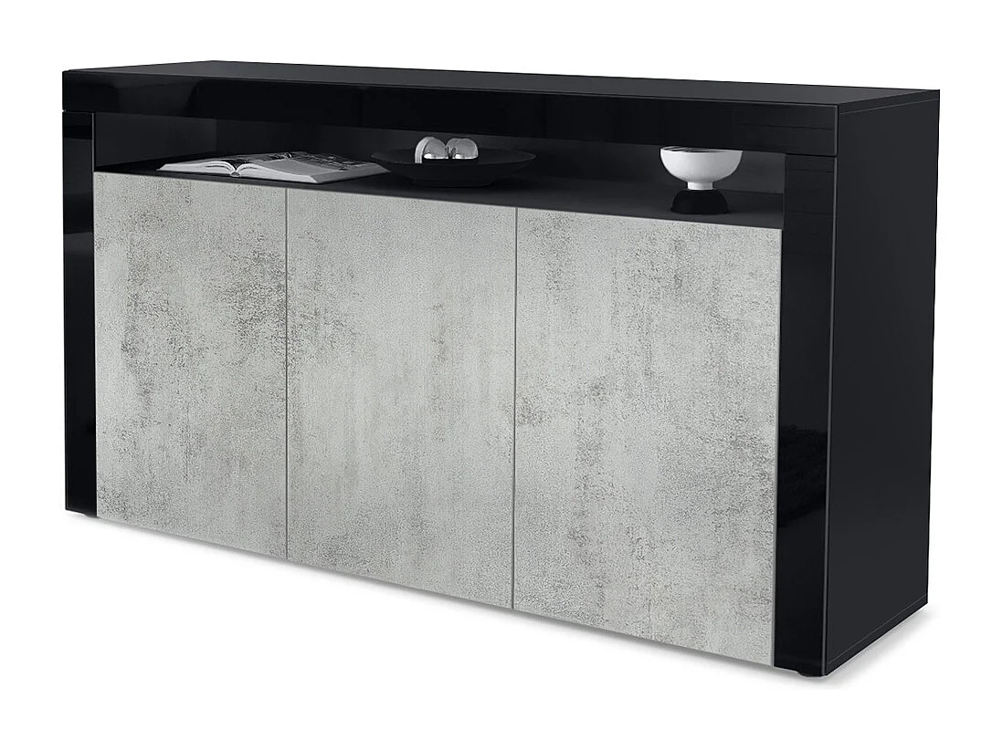 Buffet Valencia, Commode avec 3 portes et 1 compartiment ouvert, Noir/aspect béton oxyde (155 x 92 x 40 cm)