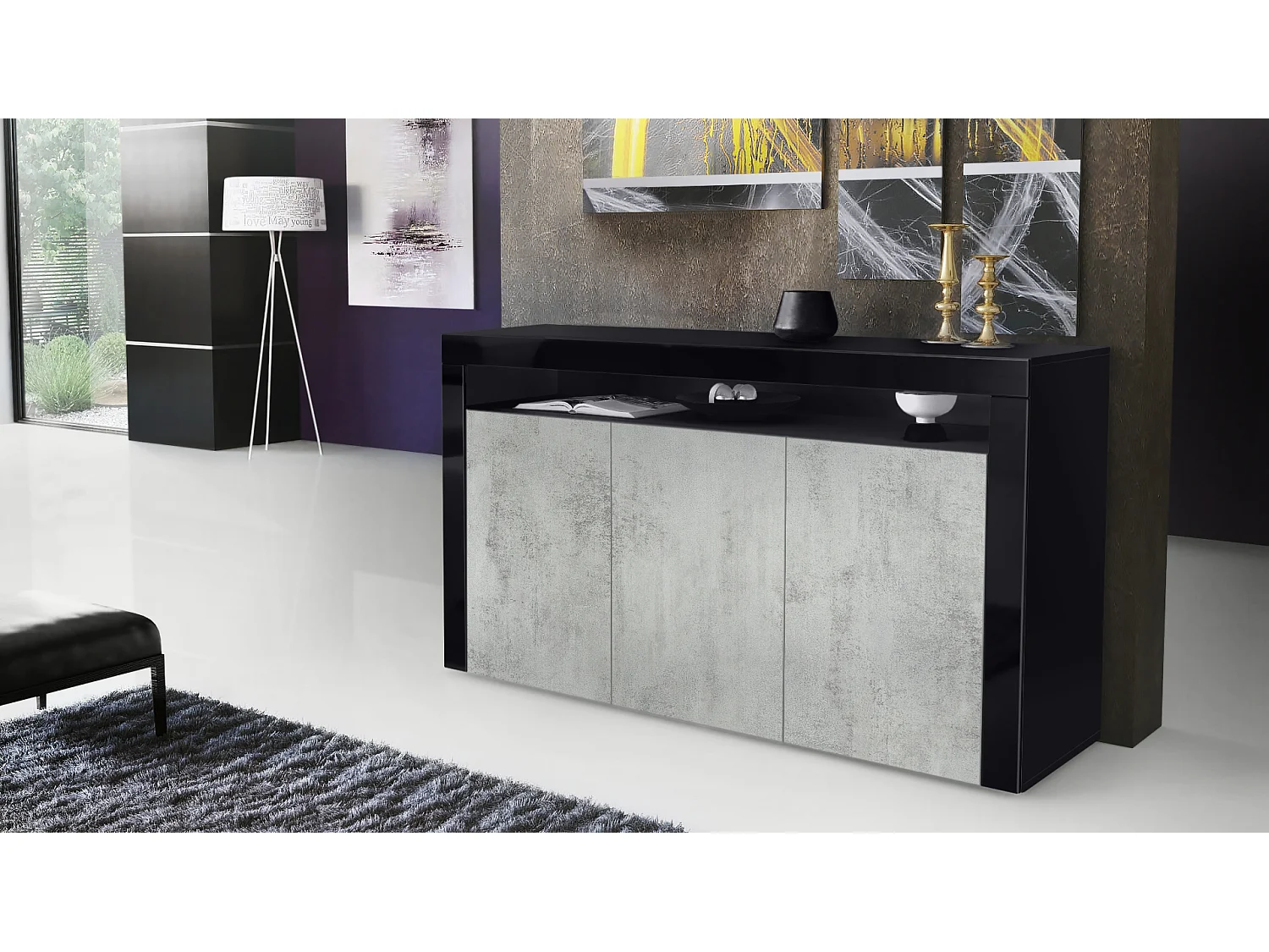 Buffet Valencia, Commode avec 3 portes et 1 compartiment ouvert, Noir/aspect béton oxyde (155 x 92 x 40 cm)