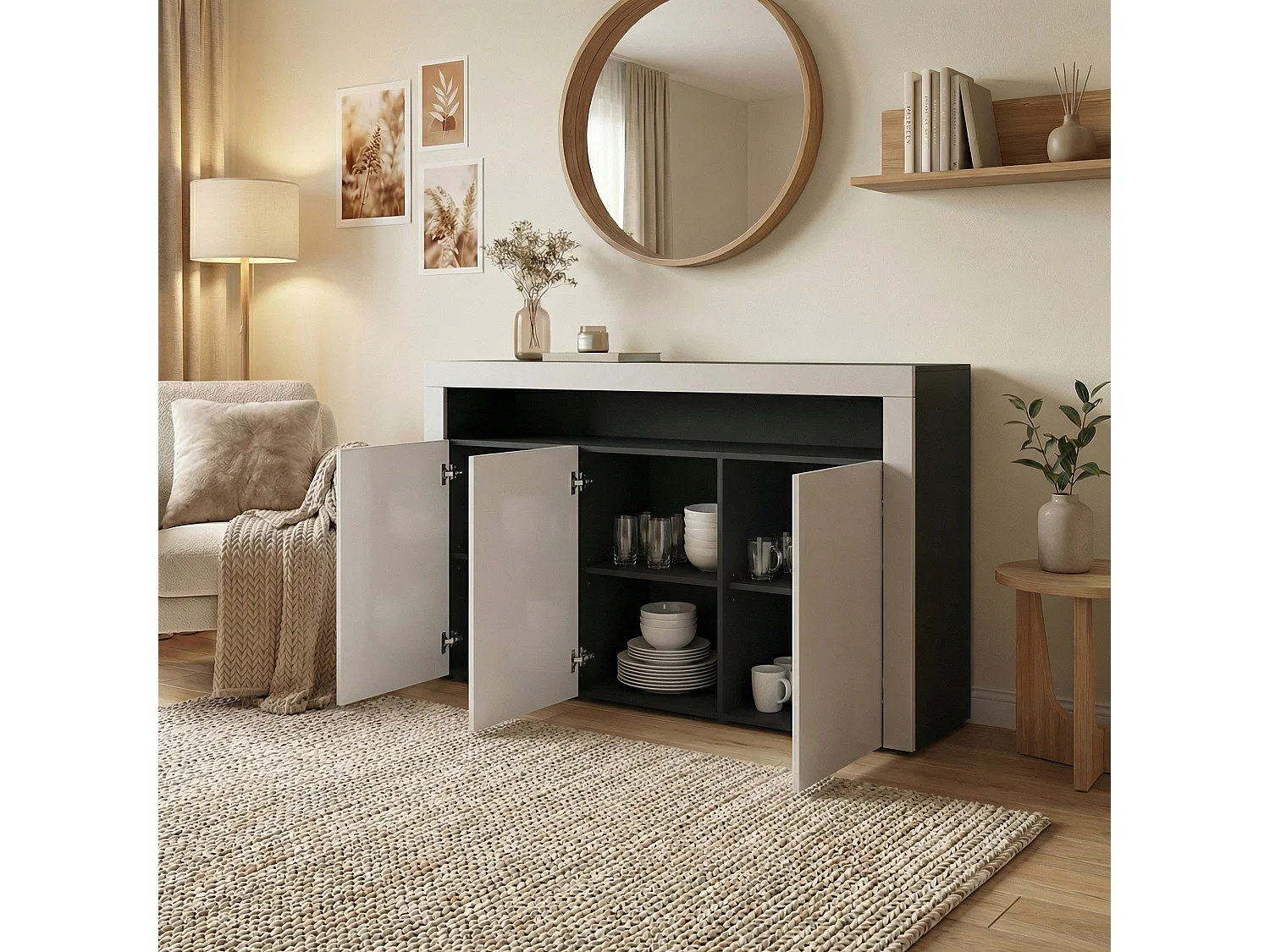Buffet Valencia, Commode avec 3 portes et 1 compartiment ouvert, Noir/aspect béton oxyde (155 x 92 x 40 cm)
