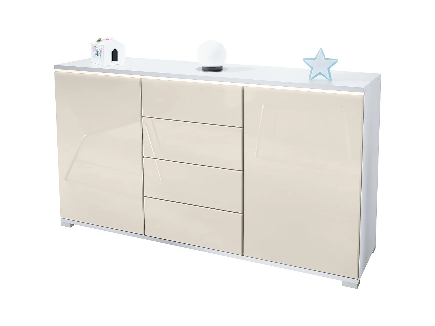 Buffet Faro V1 – Meuble avec 2 Portes & 4 Tiroirs, Armoire avec Bande LED Lumineuse, blanc mat / crème haute brillance (138,5 x 75,5 x 35)