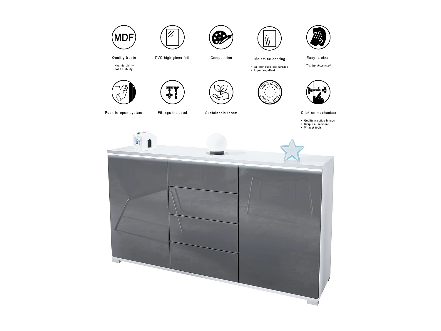 Buffet Faro V1 – Meuble avec 2 Portes & 4 Tiroirs, Armoire avec Bande LED Lumineuse, blanc mat / crème haute brillance (138,5 x 75,5 x 35)