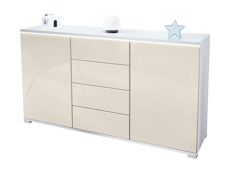 Credenza Faro V1 – Mobile con 2 Ante e 4 Cassetti, Armadio con Striscia LED Luminosa, bianco opaco / beige lucido (138,5 x 75,5 x 35)