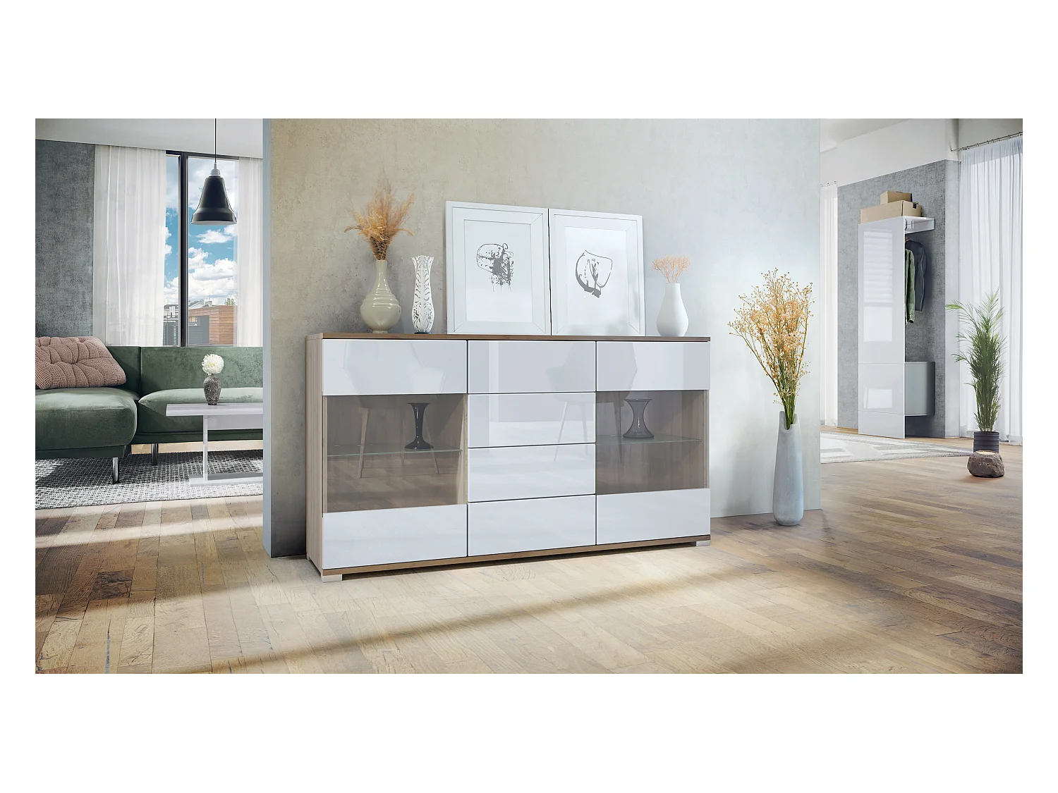 Buffet Bari V1 – Meuble avec 2 Grandes Portes et 4 Tiroirs, Chêne Evoke/blanc haute brillance (138,5 x 75,5 x 35)