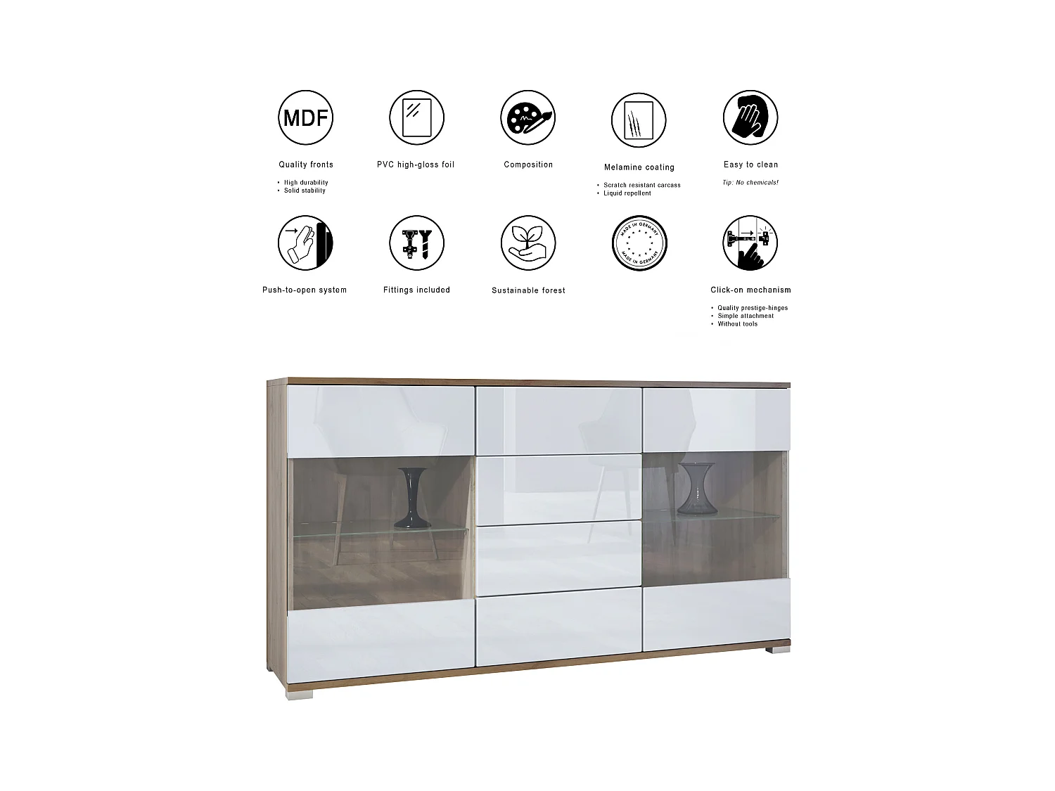 Buffet Bari V1 – Meuble avec 2 Grandes Portes et 4 Tiroirs, Chêne Evoke/blanc haute brillance (138,5 x 75,5 x 35)