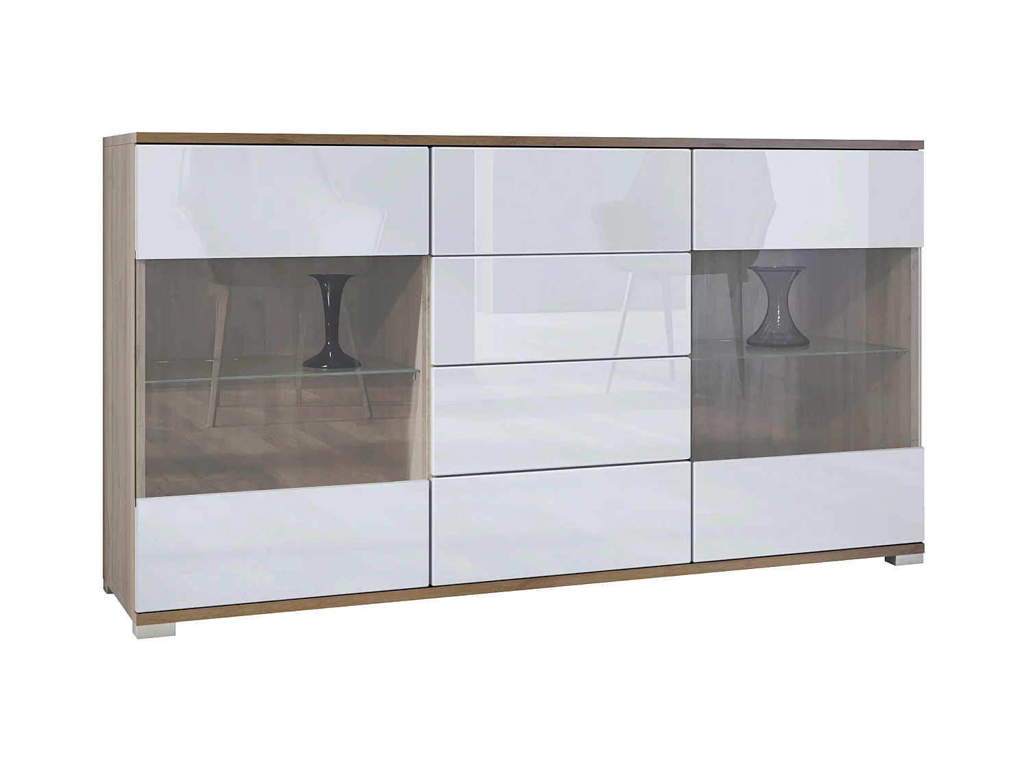 Buffet Bari V1 – Meuble avec 2 Grandes Portes et 4 Tiroirs, Chêne Evoke/blanc haute brillance (138,5 x 75,5 x 35)