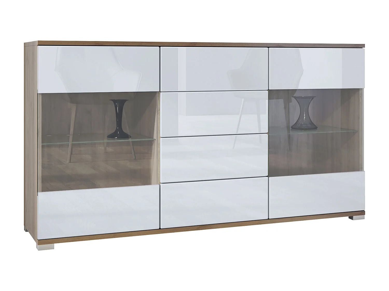 Buffet Bari V1 – Meuble avec 2 Grandes Portes et 4 Tiroirs, Chêne Evoke/blanc haute brillance (138,5 x 75,5 x 35)