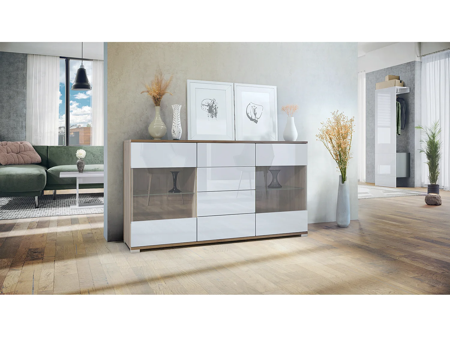 Buffet Bari V1 – Meuble avec 2 Grandes Portes et 4 Tiroirs, Chêne Evoke/blanc haute brillance (138,5 x 75,5 x 35)