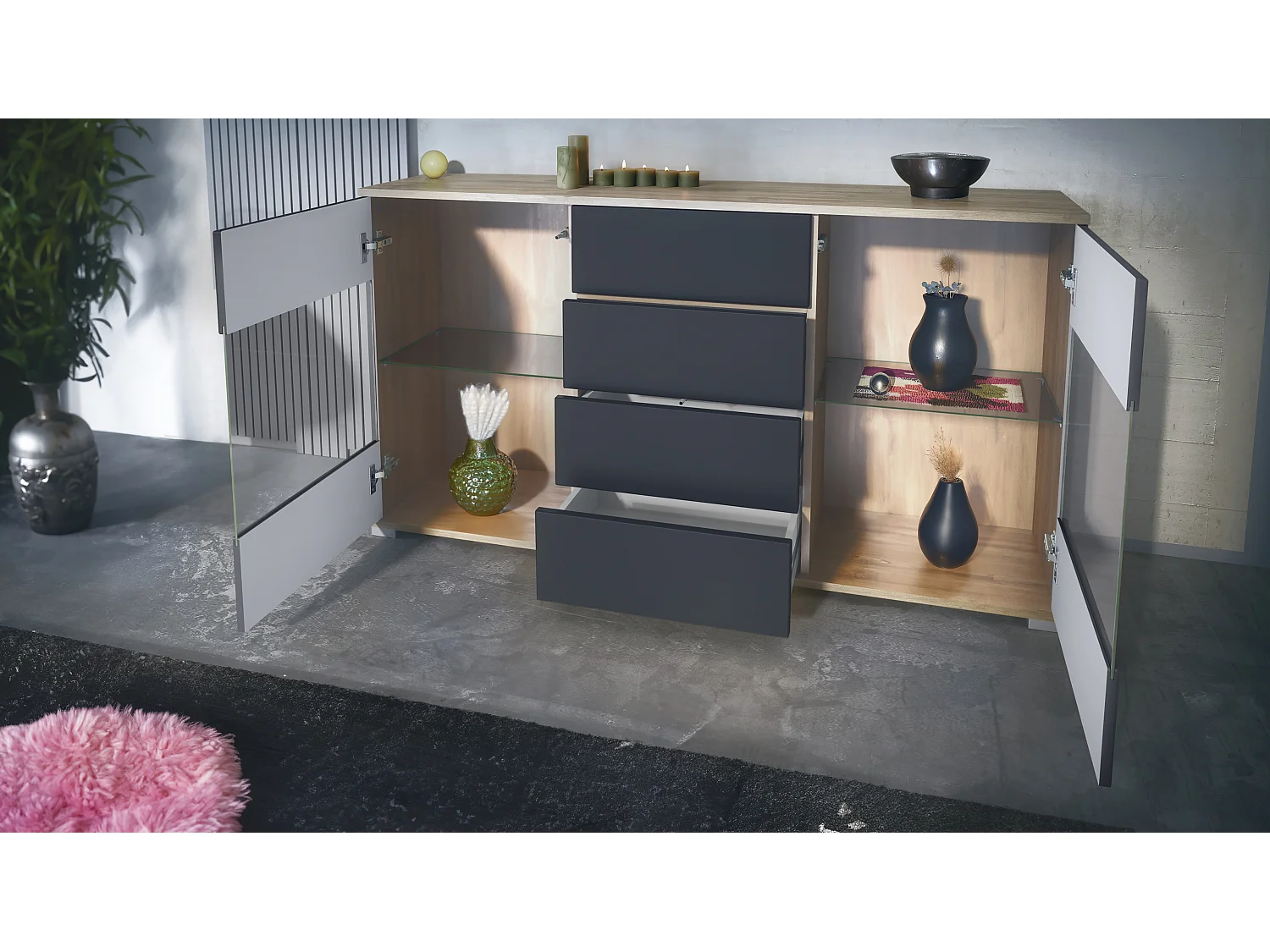 Buffet Bari V1 – Meuble avec 2 Grandes Portes et 4 Tiroirs, Chêne Evoke/blanc haute brillance (138,5 x 75,5 x 35)