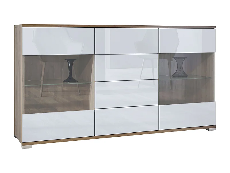 Buffet Bari V1 – Meuble avec 2 Grandes Portes et 4 Tiroirs, Chêne Evoke/blanc haute brillance (138,5 x 75,5 x 35)