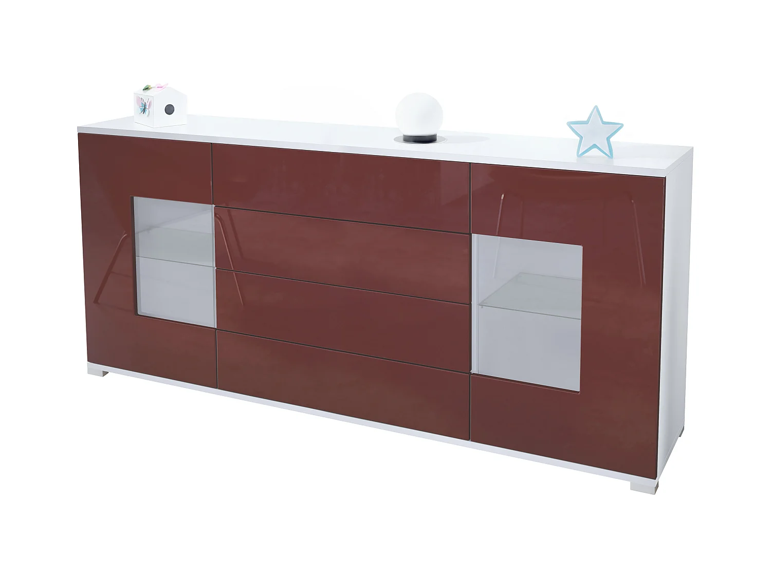 Buffet Grömitz V2 – Meuble avec 2 Grandes Portes et 4 Tiroirs, blanc mat/bordeaux haute brillance (166,5 x 75,5 x 35)