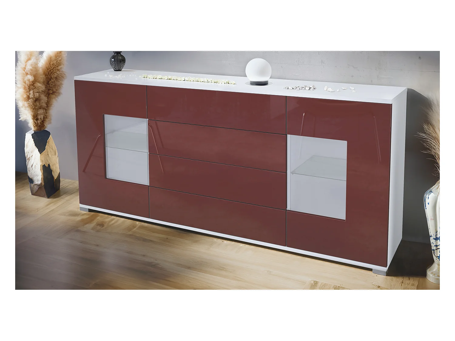 Buffet Grömitz V2 – Meuble avec 2 Grandes Portes et 4 Tiroirs, blanc mat/bordeaux haute brillance (166,5 x 75,5 x 35)