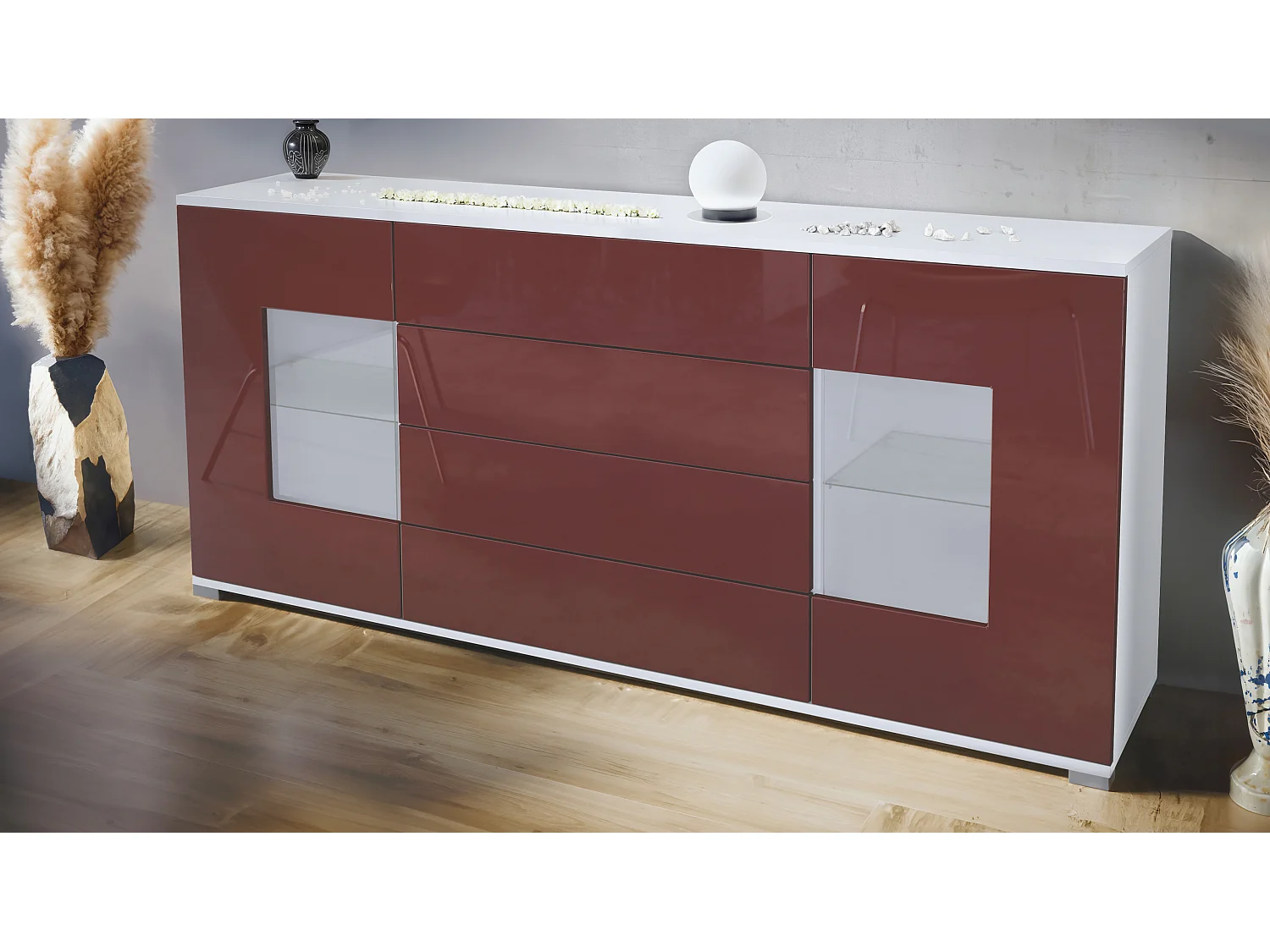 Buffet Grömitz V2 – Meuble avec 2 Grandes Portes et 4 Tiroirs, blanc mat/bordeaux haute brillance (166,5 x 75,5 x 35)